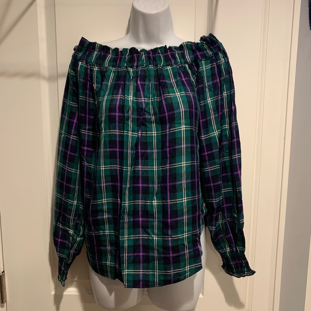 Brand New Sanctuary Off the Shoulder Green and Purple Plaid Top. sz M